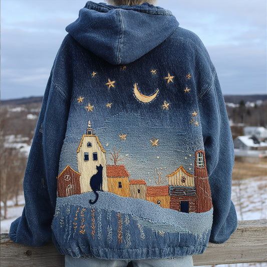 Comstylish Fairytale Cottage With Lovely Cute Black Cat Inspired Embroidered Washed Hoodie