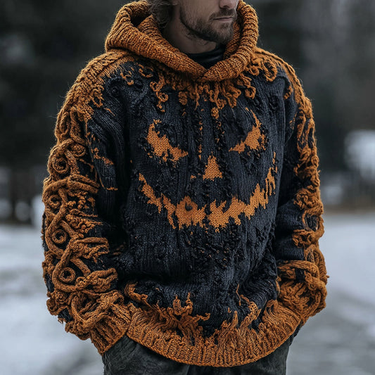 Men's Halloween Pumpkin Face Contrast Knit Hooded Sweater artswardrobe