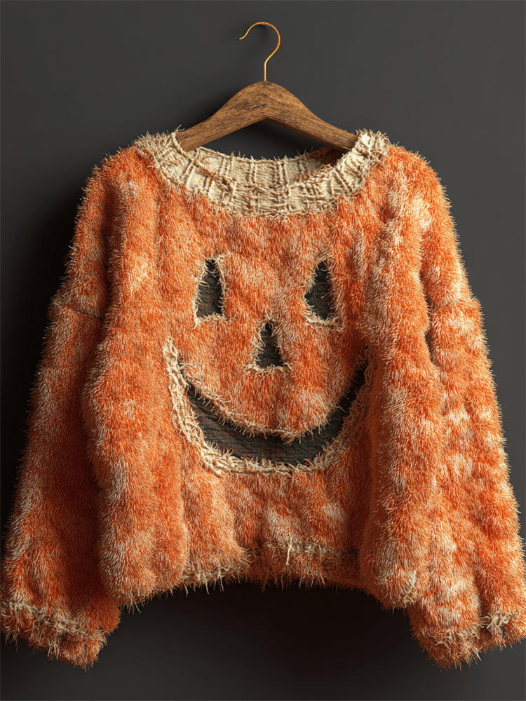 Halloween Pumpkin Face Stitched Cozy Fuzzy Knit Sweater elevenforest