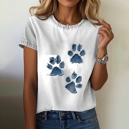 Comstylish Women's Cute Cat Paw Denim Patchwork Art T-shirt
