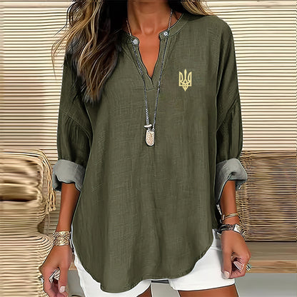 Comstylish Women's Ukraine Trident Print V-neck Long Sleeved Linen Blend Blouse