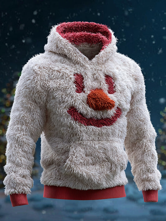 Comstylish Men's Christmas Snowman Face Cozy Plush Hoodie