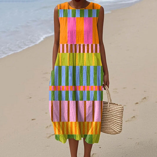 Vintage Loose Abstract Geometric Pattern Art Sleeveless Cotton And Linen Tank Dress artswardrobe