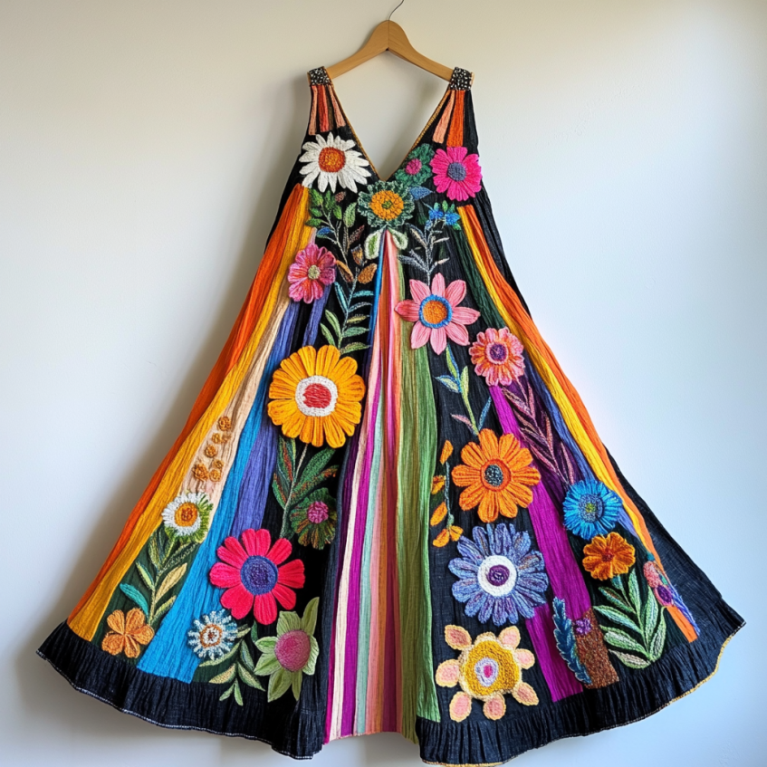 Women's Color Block Rainbow Floral Comfort Contrast Color Dress artswardrobe