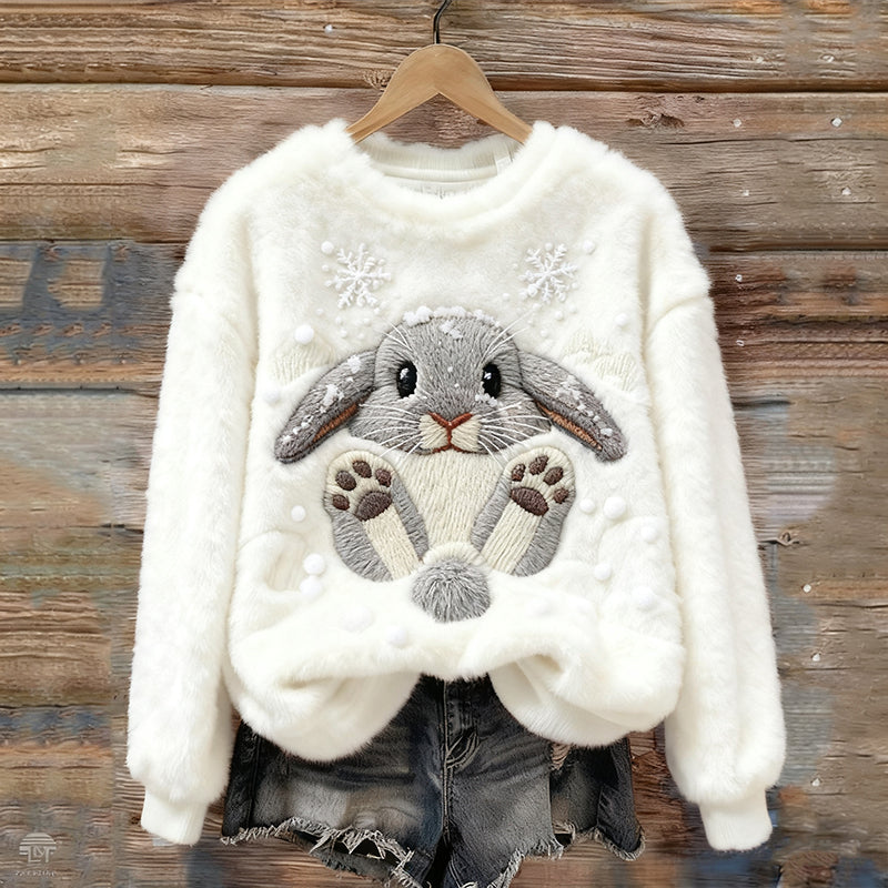 Comstylish Lovely Bunny & Snow Embroidered Cozy Plush Sweatshirt