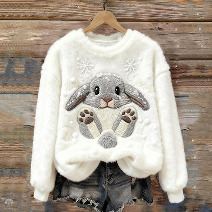 Comstylish Lovely Bunny & Snow Embroidered Cozy Plush Sweatshirt