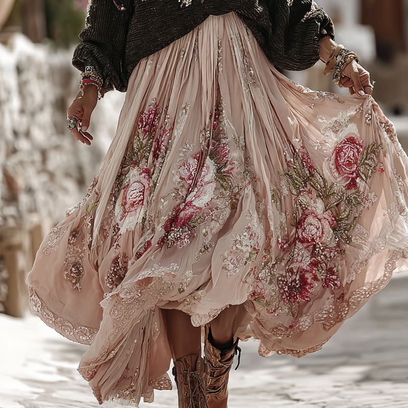 Vintage Rose In White Art Cozy Knit Turtleneck Sweater And Linen Skirt Two-piece Set artswardrobe