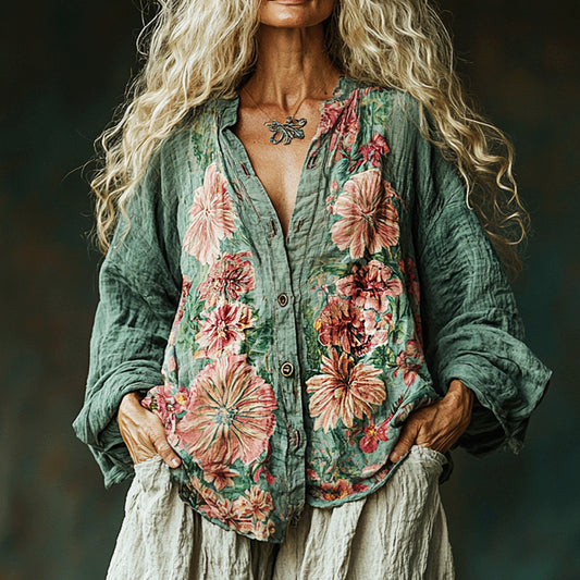 Bohemian Linen Floral Art Print  Long Sleeve Shirt artswardrobe