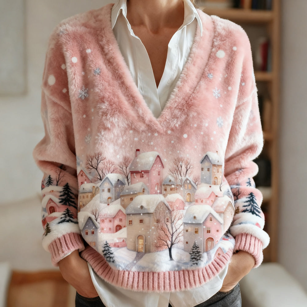 Comstylish Christmas Snowy Village Pattern V Neck Plush Sweatshirt