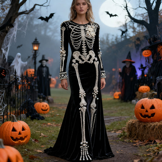Comstylish Women's Halloween Skull Floral Velvet Crew Neck Maxi Dress