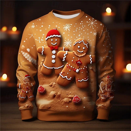 Comstylish Men's Christmas Gingerbread Print Crew Neck Sweatshirt
