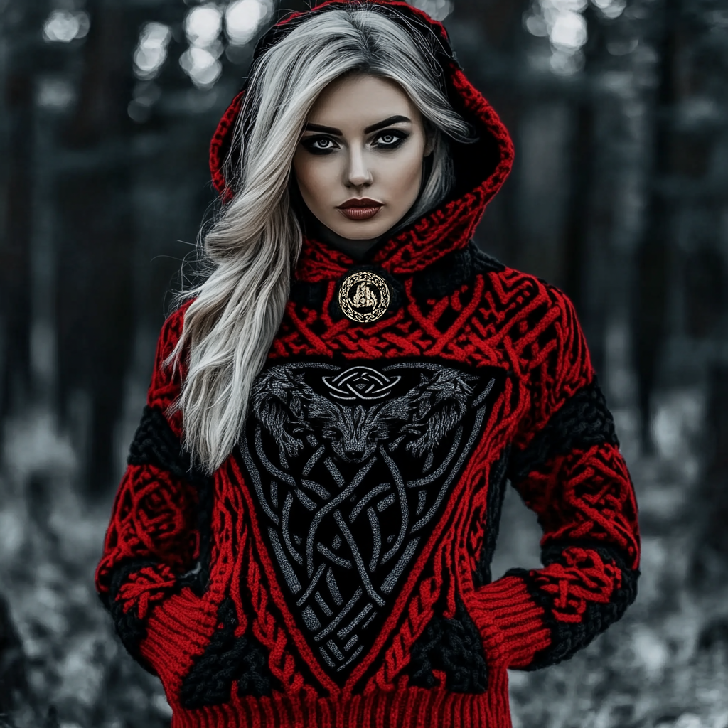 Vintage Viking Wolf Rune Chunky Knit Jacquard Hooded Sweater elevenforest