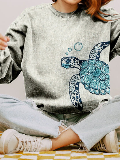 Comstylish Ocean Turtle Embroidery Art Vintage Washed Sweatshirt