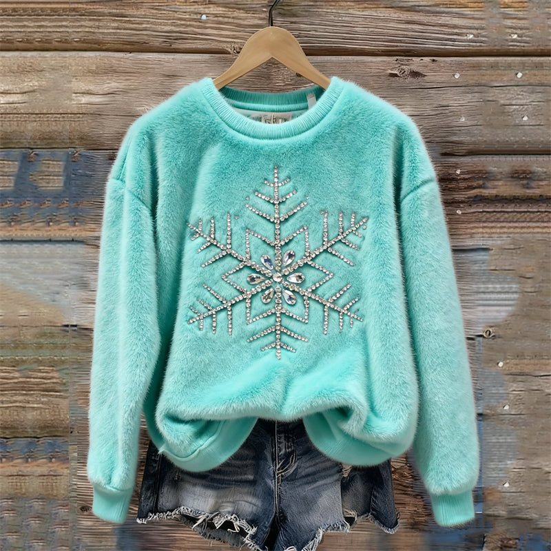 Classy Snowflake Glitter Rhinestones Cozy Plush Sweatshirt