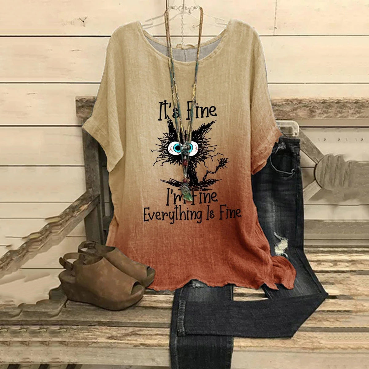 Women's Halloween Cat Art Print Casual Top elevenforest