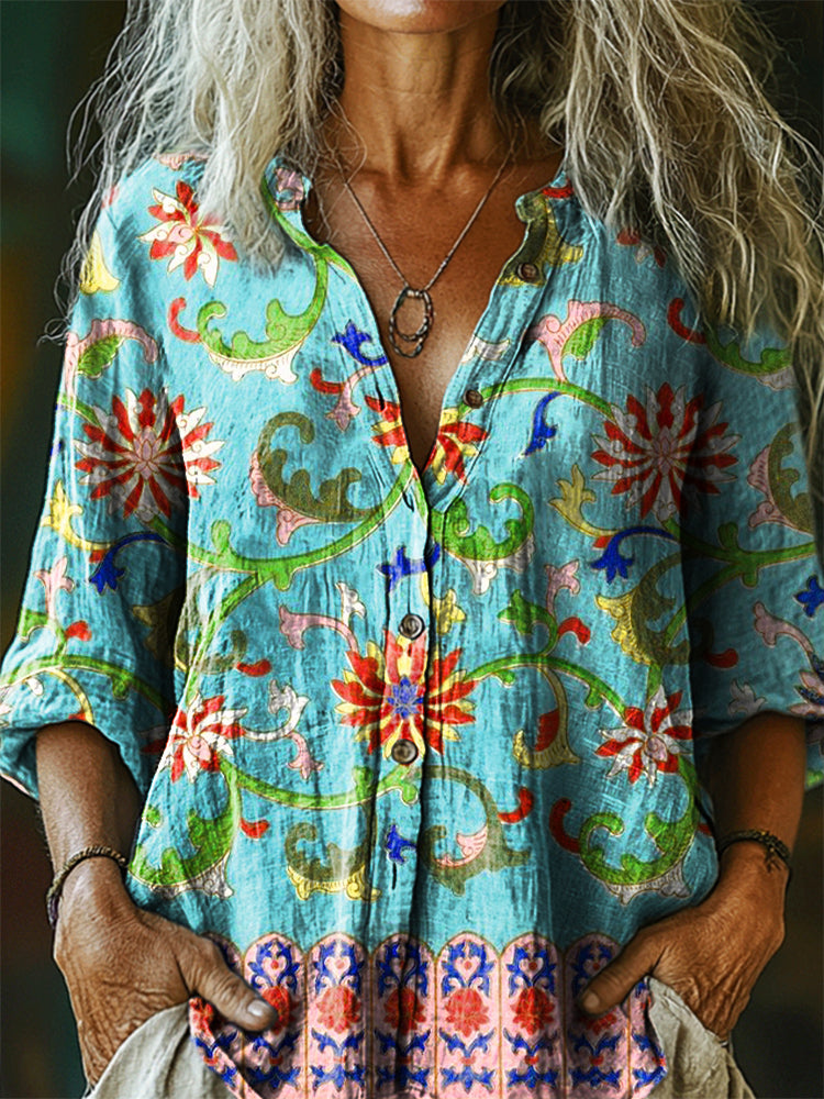 Women's Vintage Ethnic Floral Art Print Casual Cotton Linen Shirt