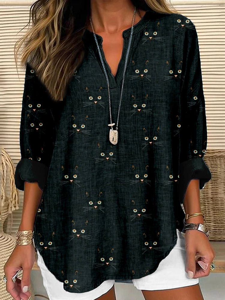 Cute Cat Face Pattern Linen Blend Cozy Shirt elevenforest