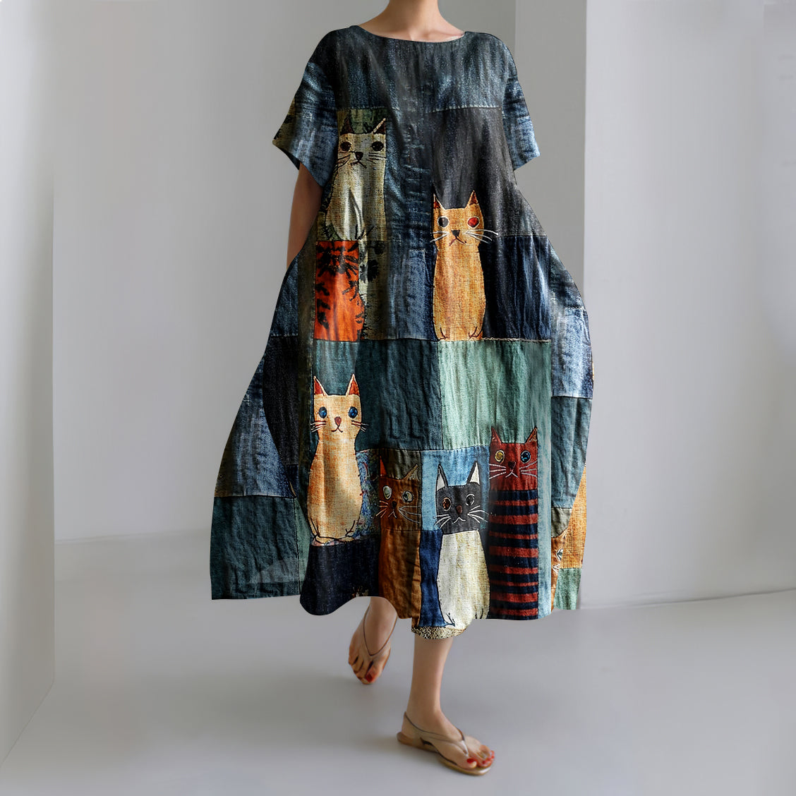 Comstylish Casual Pop Cat Patchwork Cotton Linen Short Sleeve Dress