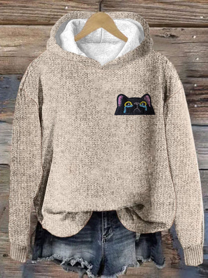 Women's Casual Funny Black Cat Print Hoodie elevenforest