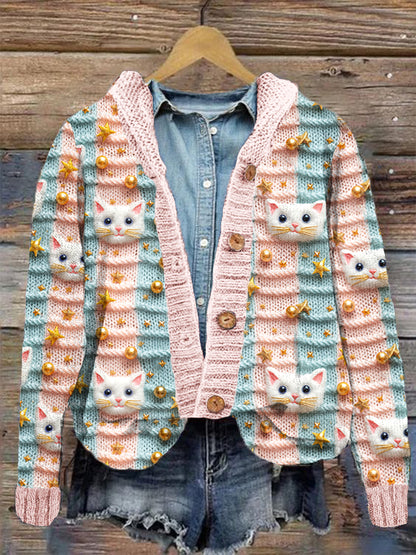 Comstylish Pastel Christmas Cat Embroidery Pattern Cozy Knit Cardigan