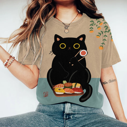 Comstylish Abstract Creative Cute Black Cat Love Sushi Painting Art T-Shirt