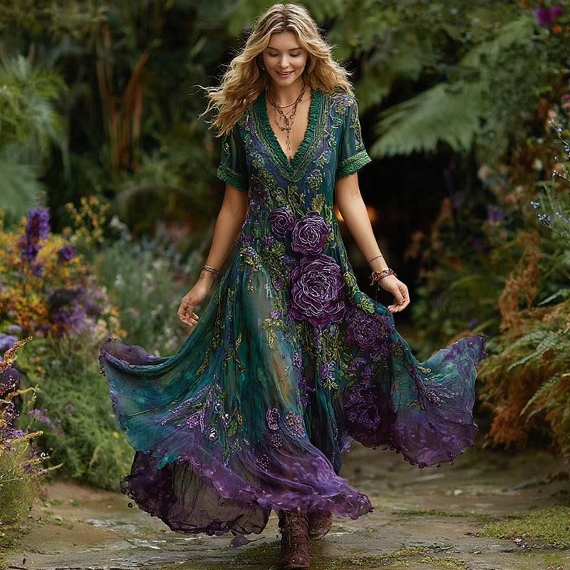 Women's Vintage Purple Rose Pattern V-neck Dress