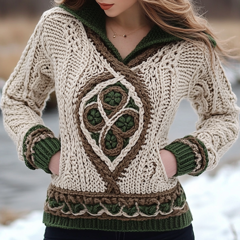 Women's Irish Celtic Knotted Jacquard Pocket Ireland's Hooded Sweater artswardrobe