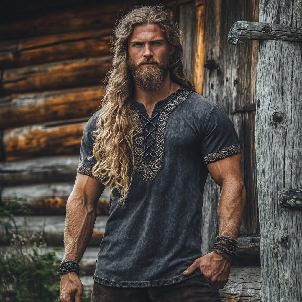 Men's Viking Tribal Celtic Embroidered Art Linen Shirt artswardrobe