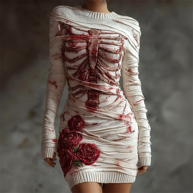Comstylish Classy Roses Skeleton Anatomy Bloody Bandages Cozy Sweater Dress