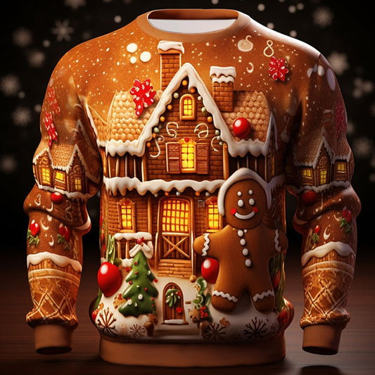 Comstylish Men's Christmas Gingerbread Print Crew Neck Long Sleeve Casual Sweatshirt