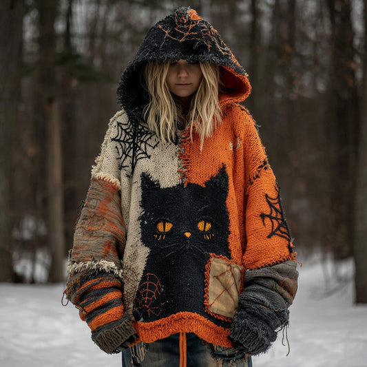 Women's Black Cat Patchwork Stitched Cozy Knit Hooded artswardrobe