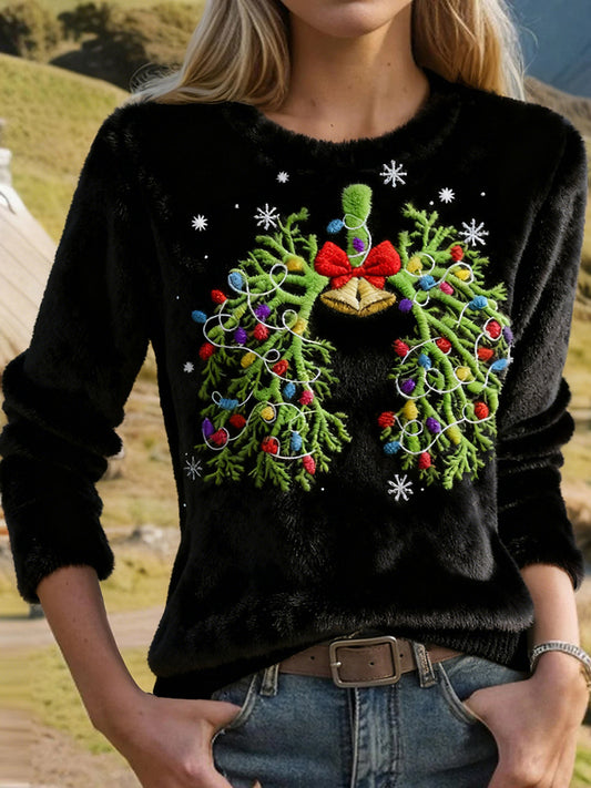 Comstylish Christmas String Lights Lung Embroidered Cozy Plush Sweatshirt