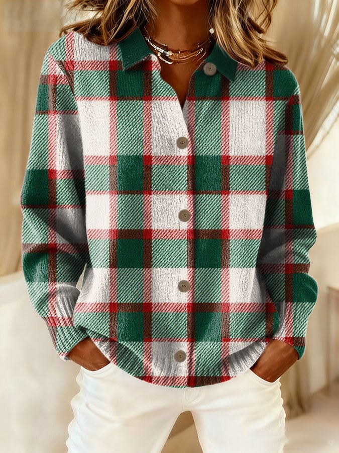 Women'S Plaid Print Casual Collared Knit Top 