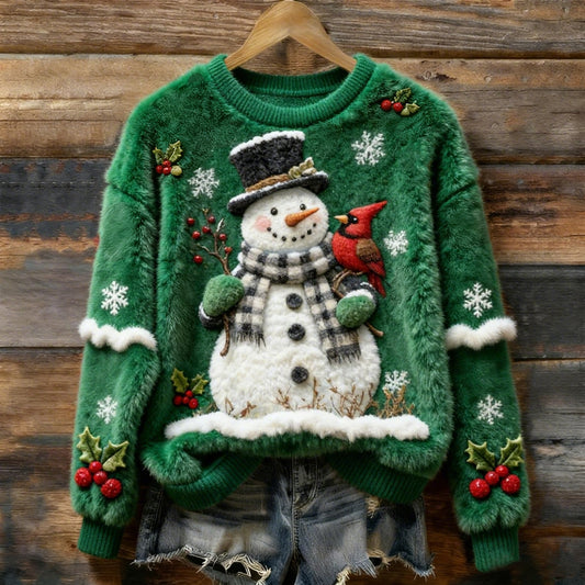 Women's Vintage Plush Snowman And Bird Christmas Sweatshirt