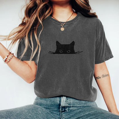 Comstylish Abstract Creative Embroidered Black Cat Art Print T-shirt