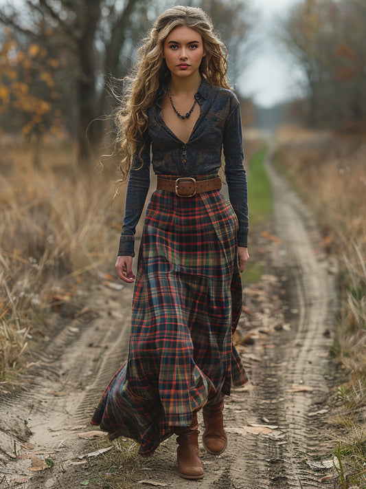 Women's Retro Pastoral Cotton And Linen Plaid Print Skirt artswardrobe