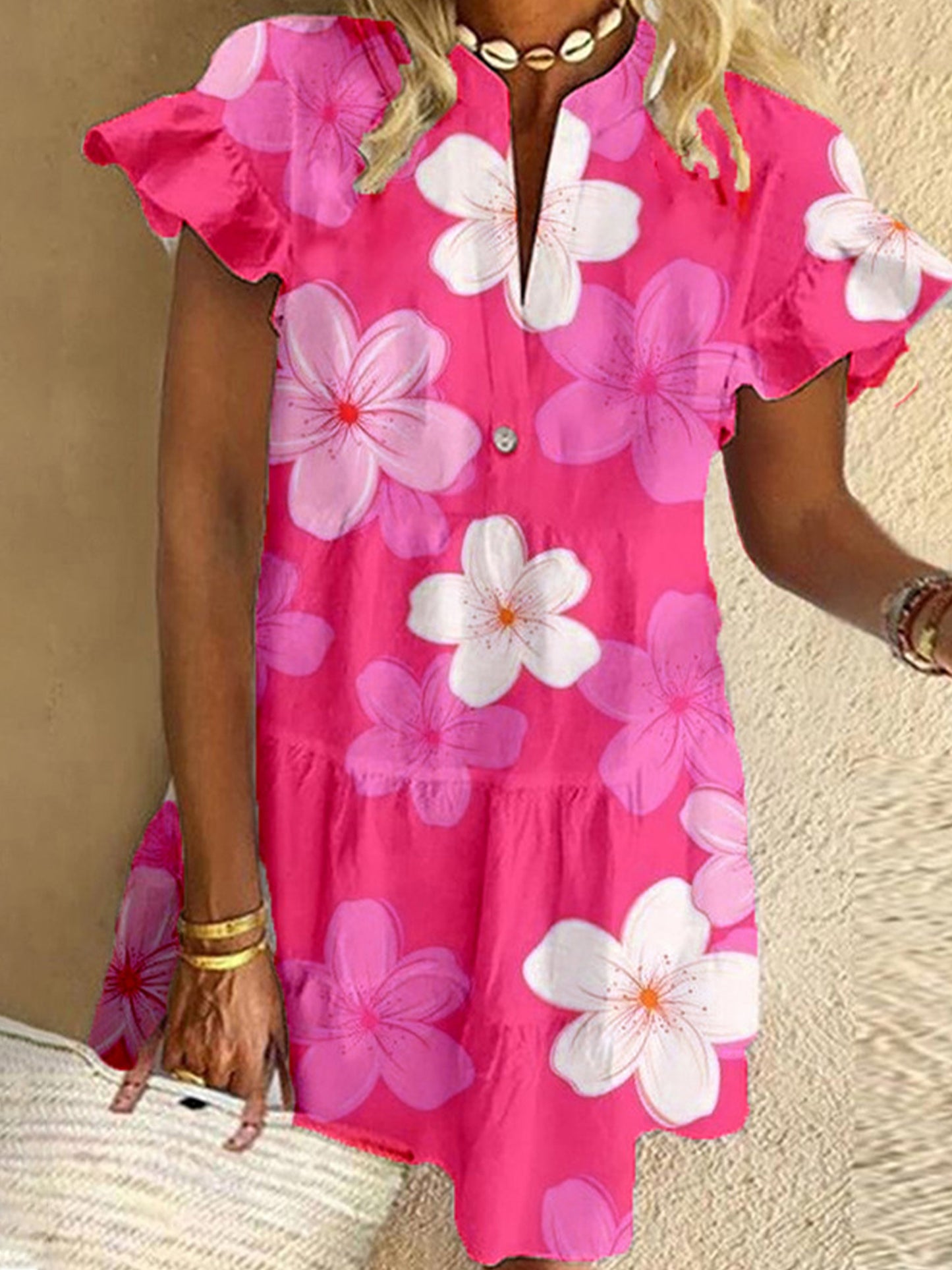 Pink Flower Ruffled Short-sleeved V-neck Buttoned Dress Vacation Beach Dress