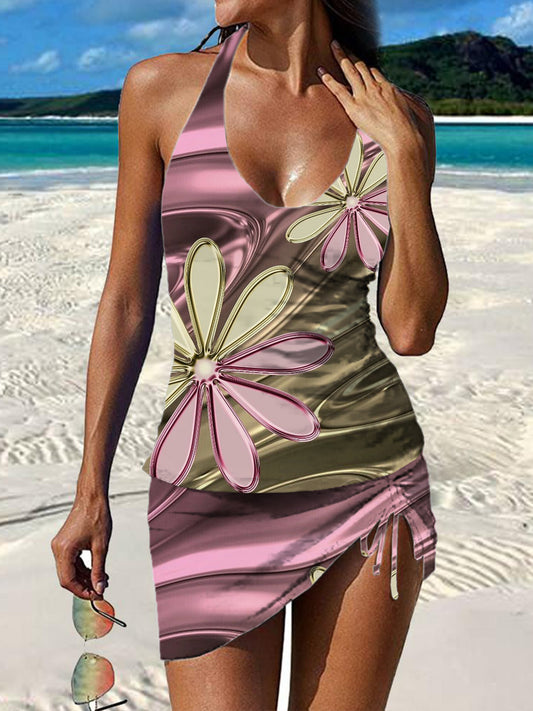 Vintage Floral Print Pleated Drawstring V-neck Tankini Pantskirt Set Swimsuit