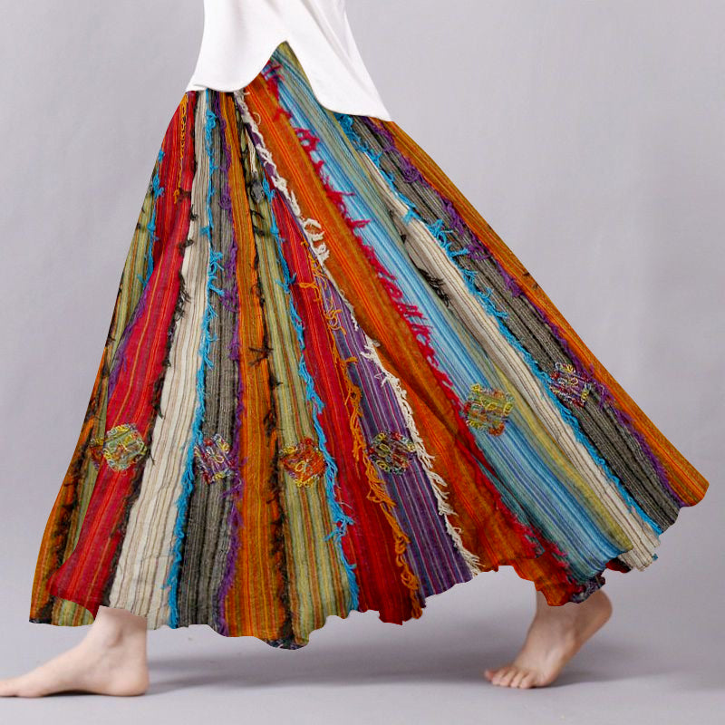 Boho Vintage Patchwork Flowy Linen Blend Wide Skirt artswardrobe