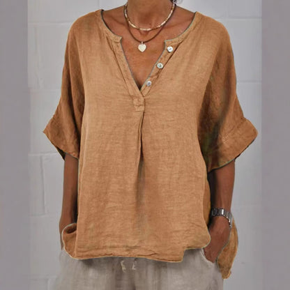 Women's Solid Color Button Linen V-neck Shirt artswardrobe