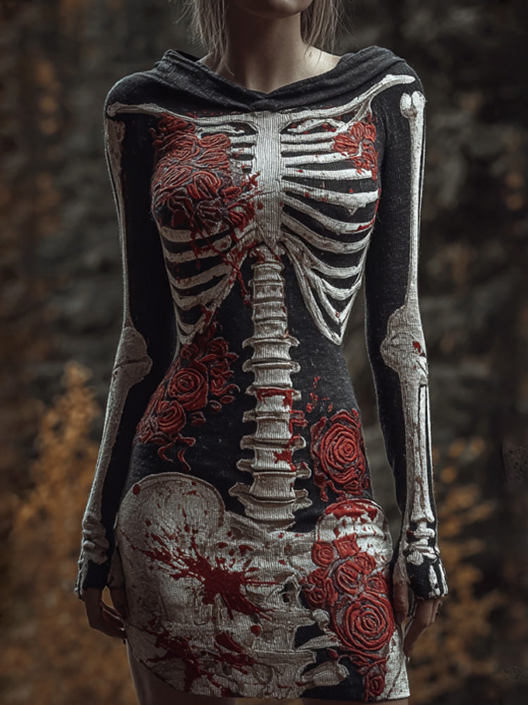 Comstylish Halloween Skull Floral Knitted Warm Hooded Sweater