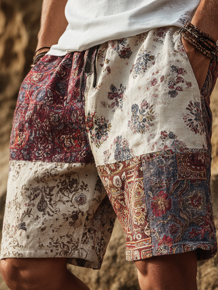 Western Bohemian Style Plant And Flower Pattern Retro Cotton And Linen Loose Wide-leg Shorts artswardrobe