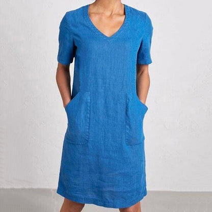 Women's Retro Solid Color Cotton And Linen V-neck Pocket Dress artswardrobe