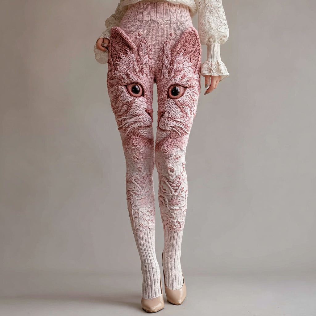 Cute Cat Face Embroidered Cozy Knit Leggings elevenforest