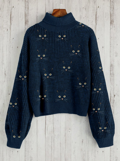 Cute Cat Face Pattern Warm Turtleneck Sweater elevenforest