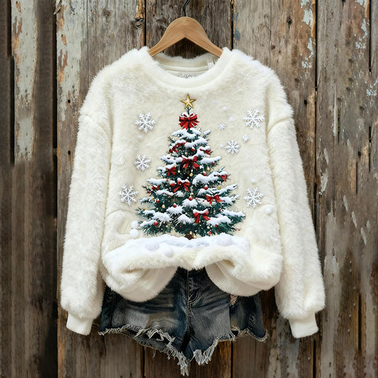 Comstylish Women's Fun Christmas Tree Plush Crew Neck Sweatshirt