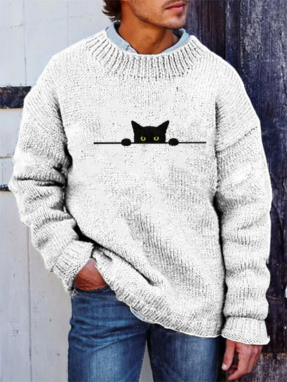 Men's Casual Funny Black Cat Print Sweater elevenforest