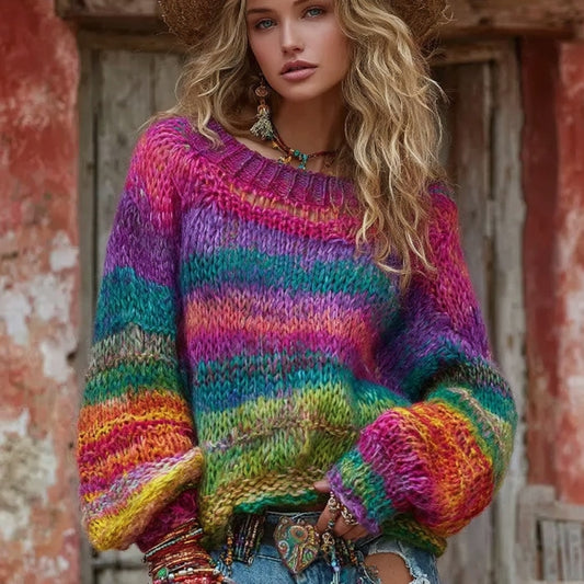 Women's Vintage Rainbow Stripes Knit Pullover Sweater elevenforest