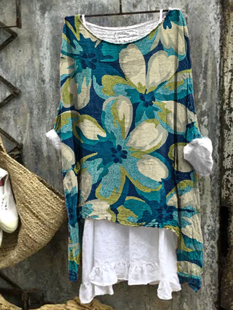 Vintage Floral Art Pattern Linen Loose Long Shirt