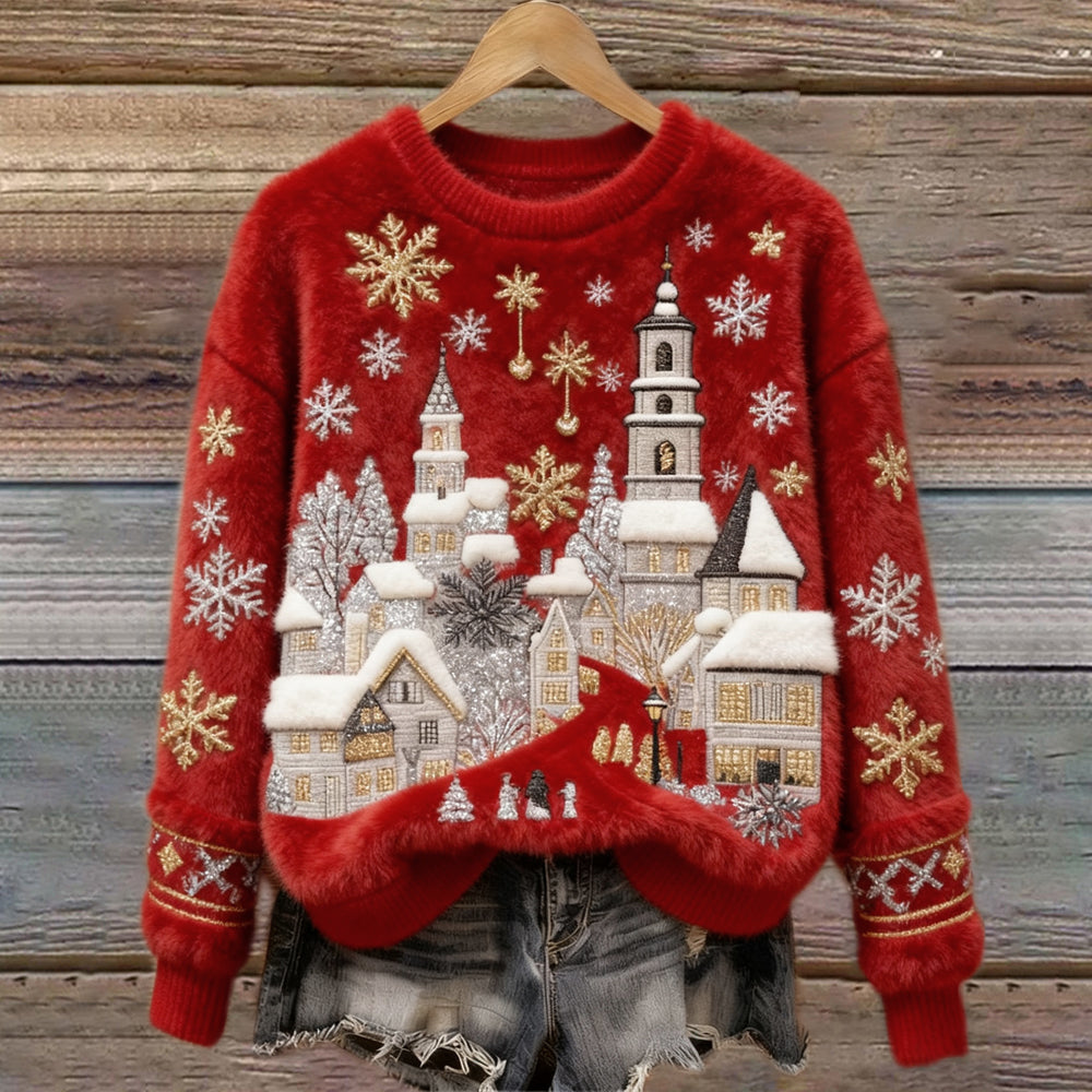 Christmas Snow Scene Embroidery Women's Cozy Plush Sweater artswardrobe
